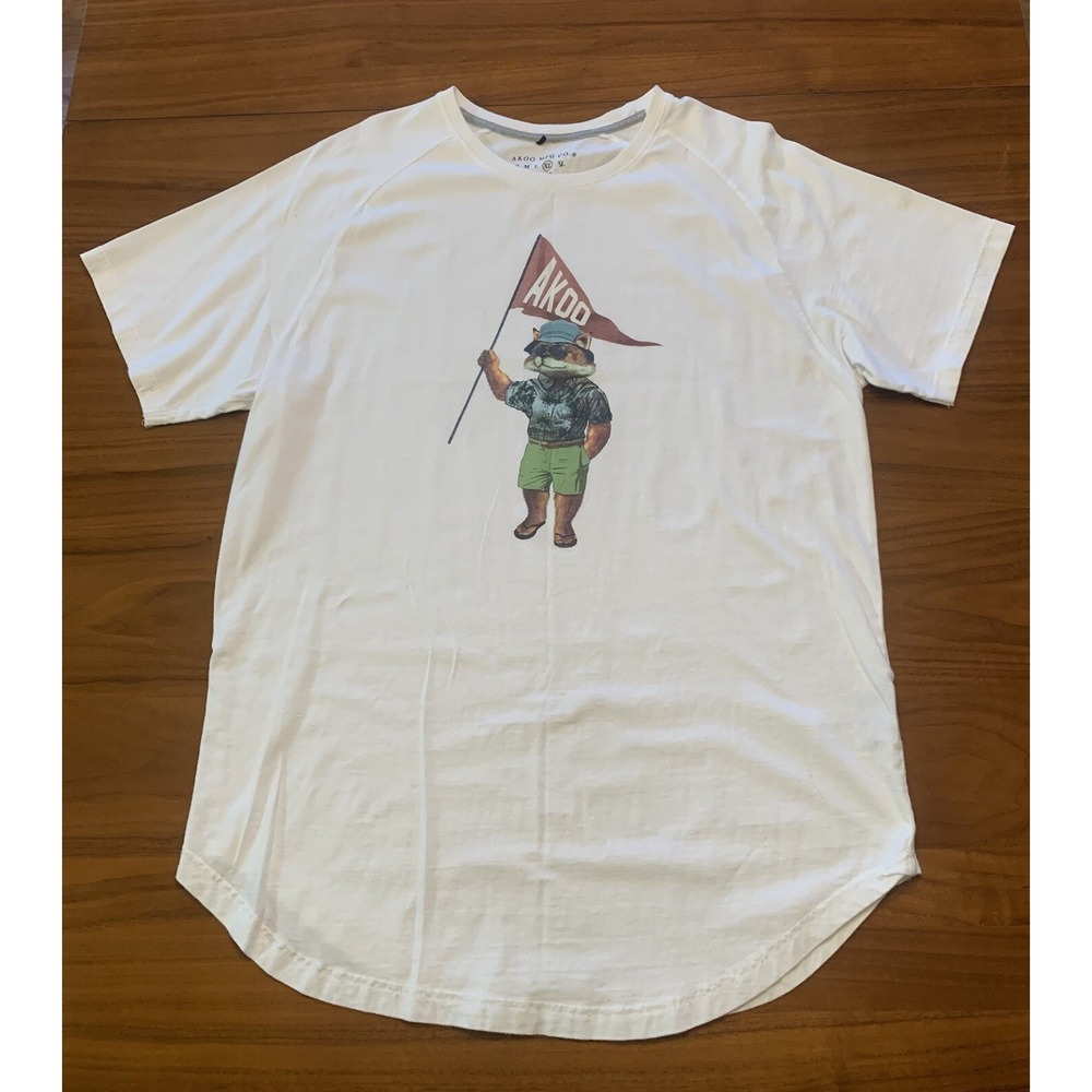 Akoo Fox T-Shirt Men's XL Short Sleeve White Drop Cut Flag 100% Cotton